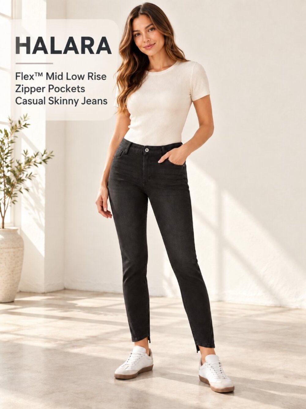 Halara Flex™ Mid Low Rise Casual Slim Straight Jeans - Black - Size M (Regular)
